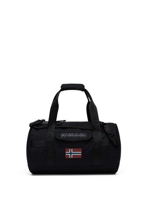 Sac polochon noir avec deux poignées, une bandoulière réglable, logo Napapijri et un patch du drapeau de la Norvège sur la poche avant.