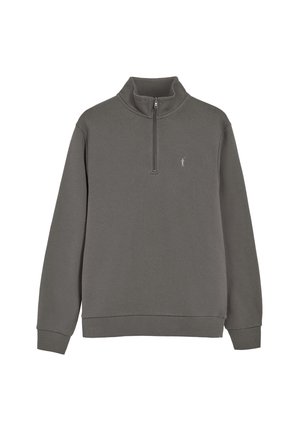 Grijze sweatshirt met rits en hoge kraag, lange mouwen en een klein logo op de borst. Gemaakt van zacht, textuurmateriaal.