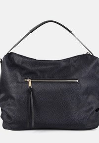 Borsa nera in tessuto con finitura lucida, dotata di una tasca con zip, doppi manici superiori e una struttura morbida e liscia.