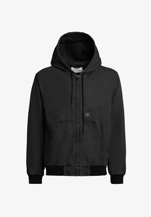 Felpa nera con zip frontale, tasche anteriori, cappuccio con coulisse, polsini e orlo a costine e una piccola toppa del marchio sul petto.