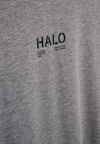 Grijze T-shirt met korte mouwen van zacht materiaal, met zwarte bedrukte tekst: "HALO," "AALBORG," "TACTICAL WING," en "HIGH ALTITUDE LOW OPENING."