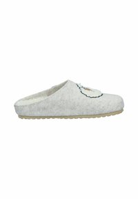 Gray felt slipper with a soft, textured upper, open back, and a white fleece accent detail. Rubber sole with textured grip.