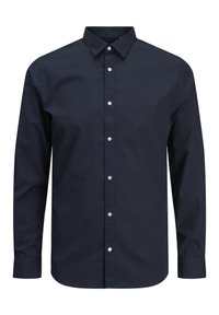 Granatowa koszula na guziki, wykonana z bawełny, z długimi rękawami, standardowym kołnierzem, przednią listwą zapinaną na kontrastujące guziki, gładką fakturą, dopasowanym krojem.