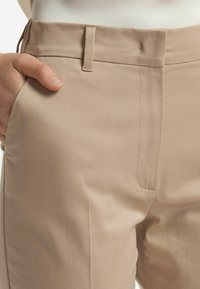 Beige skräddarsydda byxor med en slät textur, med flat front, sidfickor och subtila sömdetaljer.