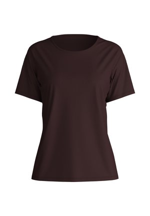 Donkerbruin T-shirt met korte mouwen en een ronde hals, gemaakt van gladde stof, met een relaxte pasvorm en minimale ontwerpelementen.