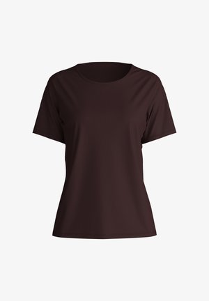 Donkerbruin T-shirt met korte mouwen en een ronde hals, gemaakt van gladde stof, met een relaxte pasvorm en minimale ontwerpelementen.