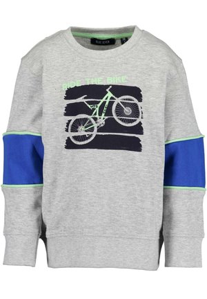 Sweat-shirt enfant gris clair avec coudières bleues, bordure verte et un graphisme de vélo avec le texte "RIDE THE BIKE" à l'avant.