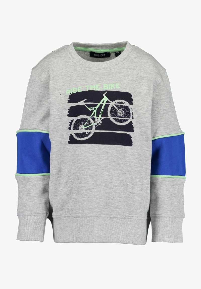 Sweat-shirt enfant gris clair avec coudières bleues, bordure verte et un graphisme de vélo avec le texte "RIDE THE BIKE" à l'avant.