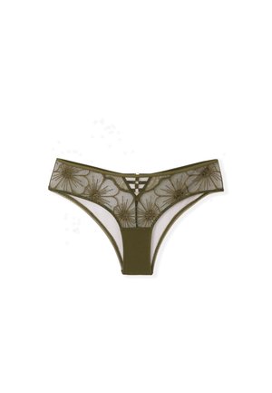 Tanga vert olive orné de broderies florales sur un tulle transparent, avec un dos uni et un détail découpé décoratif à la taille.