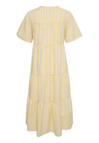 Żółto-biała, w paski, bawełniana sukienka z krótkimi rękawami, warstwowym krojem i okrągłym dekoltem. Posiada fakturowany materiał i marszczone wykończenia.