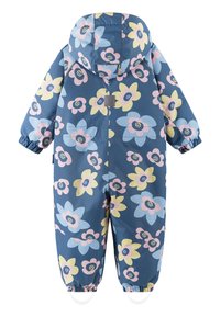 Mono de nieve impermeable azul con un patrón floral en rosa, amarillo y azul claro. Puños elásticos y capucha funcional.