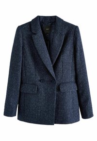 Blazer azul marino hecho de tela texturizada, diseño de doble botonadura con dos botones, cuello con solapa y dos bolsillos frontales.