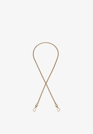 Goldfarbene Metallkette mit zwei Drehkarabinern an jedem Ende, entworfen zum Befestigen an Taschen oder Accessoires.