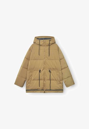 Giacca imbottita marrone chiaro con cappuccio, zip frontale, due tasche con zip e cordini regolabili al cappuccio e in vita.