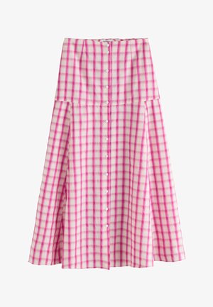 Różowo-biała spódnica midi w kratę z guzikami z przodu i rozkloszowanym dołem, wykonana z lekkiego materiału.