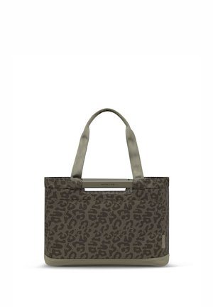 Olivgrüne Einkaufstasche mit dunklem Leopardenmuster, zwei Stoffgriffen und verstärktem Boden.