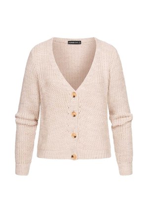 Cardigan lavorato a maglia beige chiaro con scollo a V, maniche lunghe e quattro bottoni in legno sul davanti.