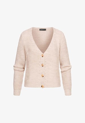 Cardigan lavorato a maglia beige chiaro con scollo a V, maniche lunghe e quattro bottoni in legno sul davanti.