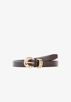 Dark brown leather belt with a polished gold oval buckle and three gold belt loops laid flat on a white background.