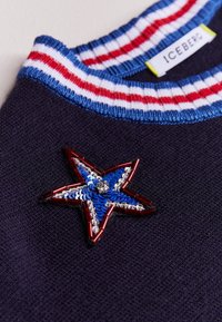 Maglione blu navy con colletto a righe blu, rosso e bianco; presenta una stella decorativa in pailettes rosse, blu e argento sul davanti.