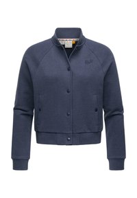 Navy blue cropped bomber jacket made of soft fabric, featuring snap buttons, side pockets, ribbed cuffs, and subtle logo embroidery.