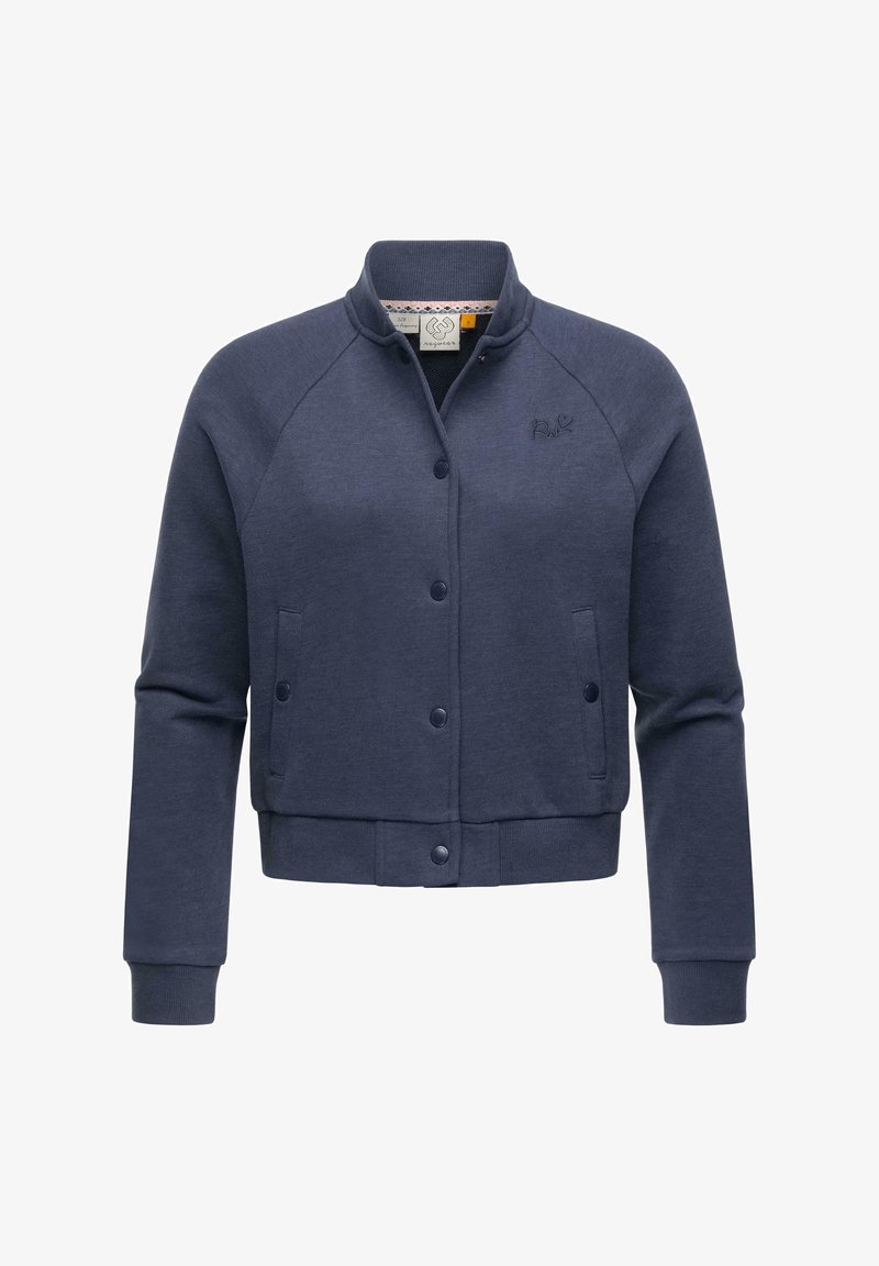 Navy blue cropped bomber jacket made of soft fabric, featuring snap buttons, side pockets, ribbed cuffs, and subtle logo embroidery.
