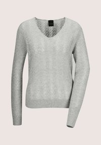 Hellgrauer Strickpullover mit langen Ärmeln, V-Ausschnitt und raffiniertem Texturmuster auf der gesamten Fläche.