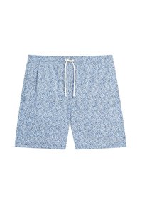 Costumini da bagno blu con motivo, realizzati in tessuto leggero, caratterizzati da una vita elastica, chiusura con coulisse e design geometrico.