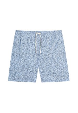 Niebieskie szorty do pływania z geometrycznym wzorem, elastycznym pasem, regulowanym sznurkiem i lekkim wykończeniem tkaniny.