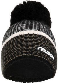 Black and white knitted beanie with a pom-pom, featuring a textured pattern and a black fleece lining. Reusch logo on front.