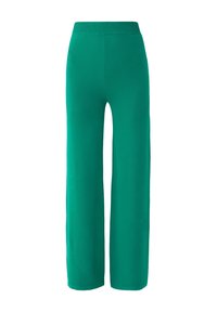 Groene wijde broek gemaakt van een zachte stof, met een hoge elastische tailleband en een gladde textuur. Geen zichtbare patronen of details.