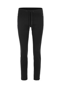 Schwarze Jogginghose aus weichem Material, mit einem Kordelzugbund, schlankem Schnitt und zwei seitlichen Reißverschlusstaschen für praktische Zwecke.