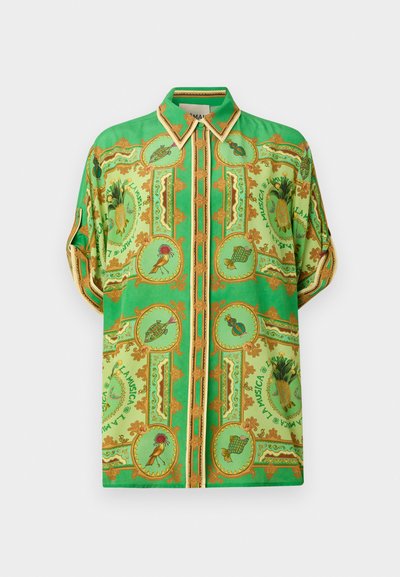 Short-sleeve shirt, green fabric with yellow and gold pattern, featuring circular motifs of fruits and animals, and a button-up front.