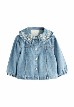 Lyseblå denimjakke til små børn med blomsterbroderet bred krave, knaplukning foran og elastiske manchetter.