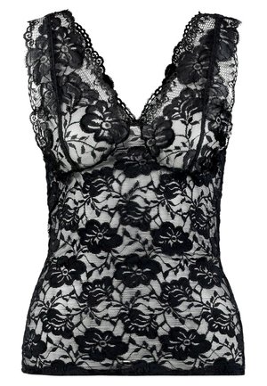 Zwarte kanten camisole met bloemmotief, V-halslijn en golvende kanten rand. Doorzichtig materiaal benadrukt het complexe ontwerp en de textuur.