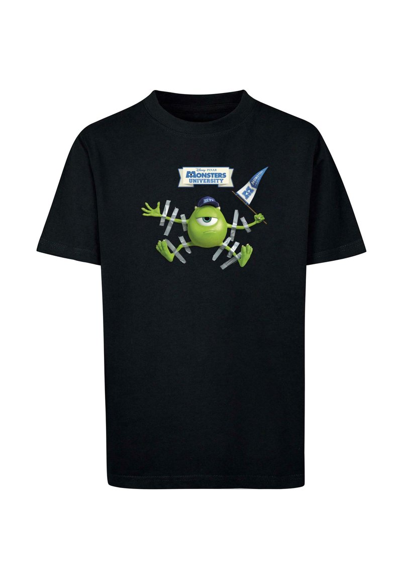 Sort bomulds T-shirt med en grafik af en grøn karakter fra Monsters University med udstrakte arme og et flag, som fremhæver det legende design.