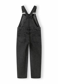 Black denim overalls featuring adjustable straps, front bib, two back pockets, straight legs, and stitching details.