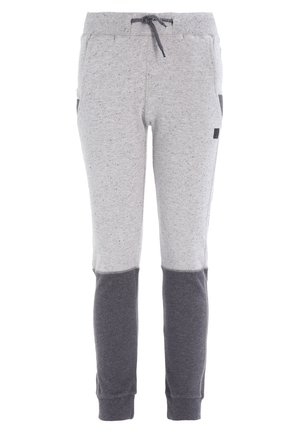 Grijze sweatpants met donkere grijze knieënpanelen, geribde tailleband met trekkoord, zijzakken en afgewerkte enkels.