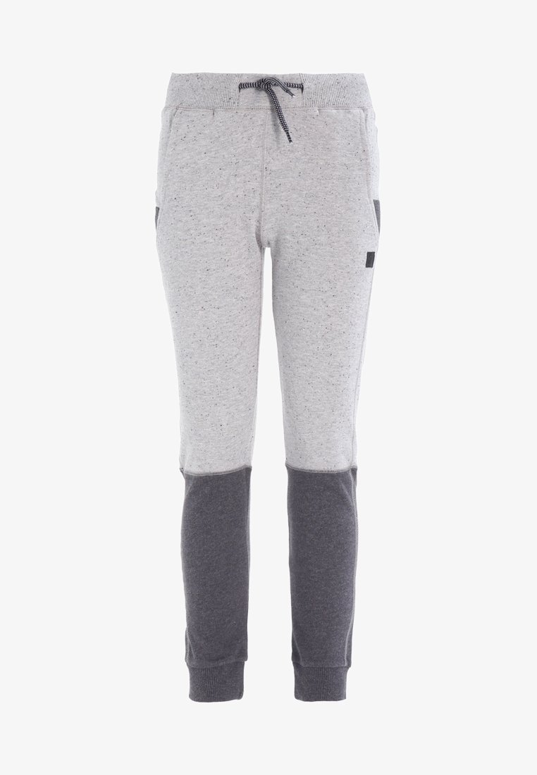 Pantalones de chándal grises con paneles oscuros en las rodillas, cintura acanalada con cordón, bolsillos laterales y puños en los tobillos.