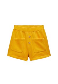 Shorts en coton jaunes avec deux poches avant, ceinture élastique et deux boutons en bois au centre. Texture lisse, design décontracté.