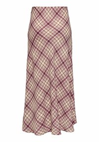 Une jupe longue évasée en tissu beige clair arborant un motif à carreaux bordeaux en diagonale, avec une texture lisse et une ceinture ajustée.