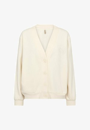 Gebroken-witte cardigan van zachte stof, met een diepe V-hals, zes knopen aan de voorkant en een reliëfembleem aan de linkerkant.