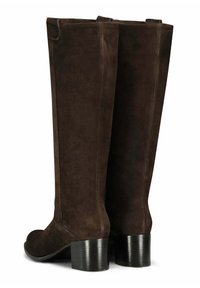 Bottes en daim marron jusqu'au genou avec un bout arrondi, un talon carré et un simple détail de couture sur la tige. Texture lisse, sans quincaillerie apparente.