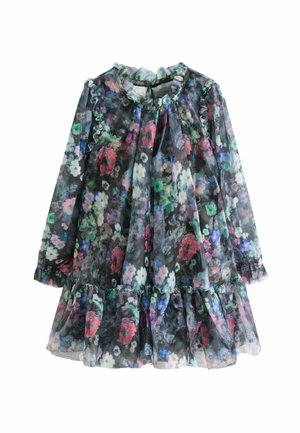 Robe longue à manches longues pour filles avec col et ourlet volantés en tissu noir transparent, ornée de fleurs roses, blanches, vertes et bleues.