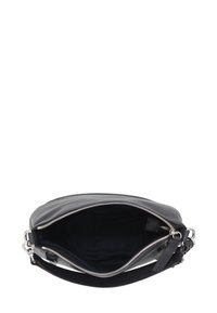 Sac en cuir noir à bandoulière avec zips argentés, surface texturée et intérieur en tissu sombre. Comprend une sangle réglable.