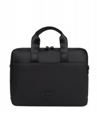 Borsa per laptop nera realizzata in materiale testurizzato, con due manici, una chiusura a zip e un piccolo etichetta del marchio sul davanti.