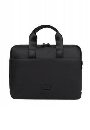 Borsa per laptop nera realizzata in materiale testurizzato, con due manici, una chiusura a zip e un piccolo etichetta del marchio sul davanti.
