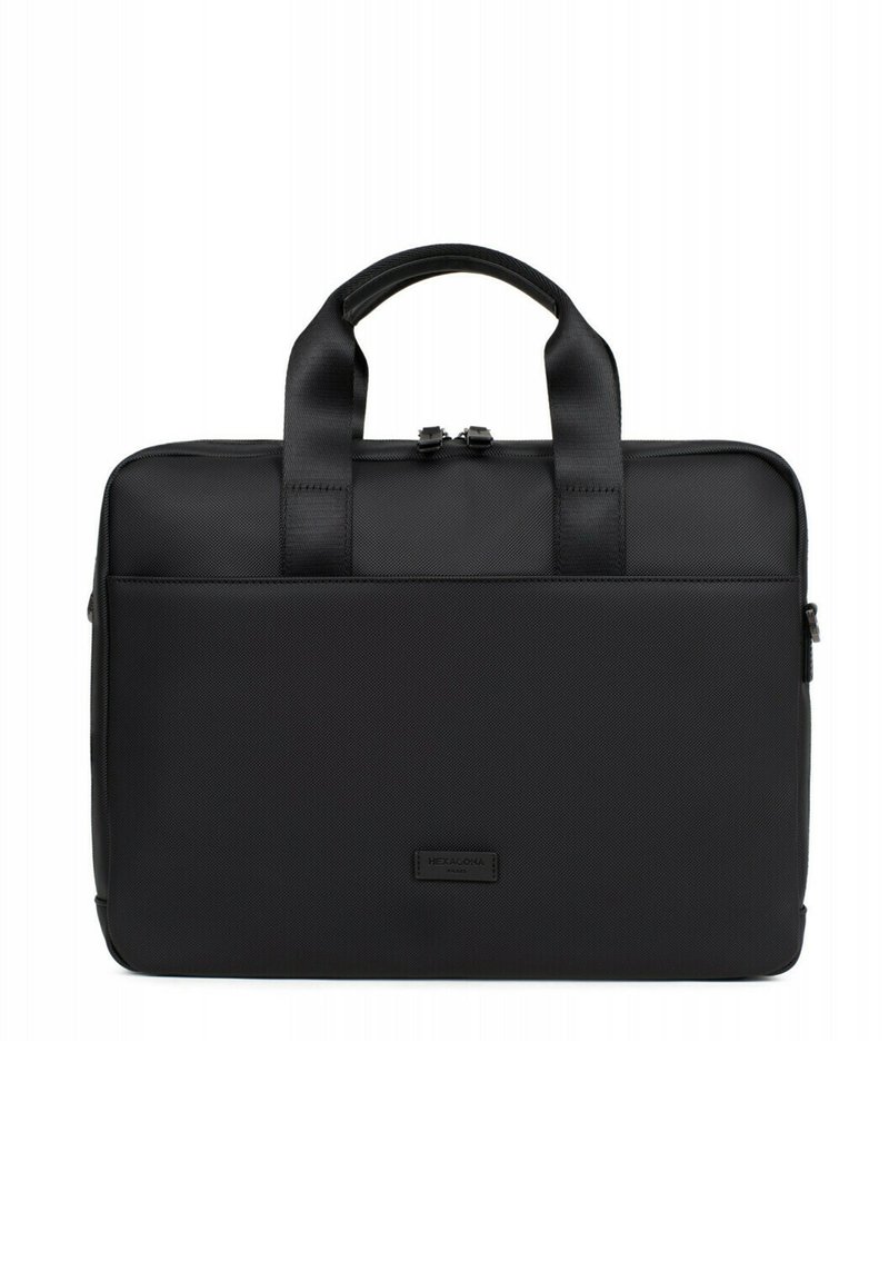 Borsa per laptop nera realizzata in materiale testurizzato, con due manici, una chiusura a zip e un piccolo etichetta del marchio sul davanti.