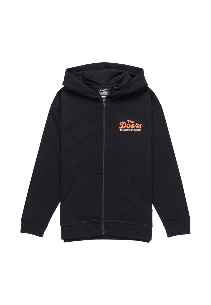 Zwarte rits-hoodie gemaakt van katoen. Kenmerkt zich door een voorzak, ribgebreide manchetten en een oranje logo op de linkerkant van de borst.