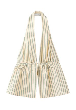 Haut beige à col halter avec fines rayures verticales vertes et taille élastique froncée.